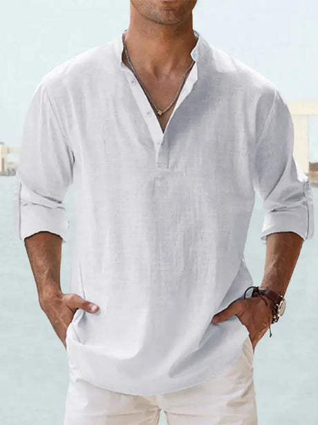 Men's Linen Stand-up Collar Long Sleeve T-shirt Loose Undershirt - Lootquake