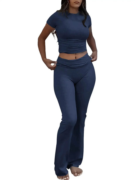 Casual Solid Color Slim Fit Two-piece Pants Set, Short Sleeved Round Neck T-shirt And Tight Flared Pants Sports Pants Clothing, Women's Clothing - Lootquake