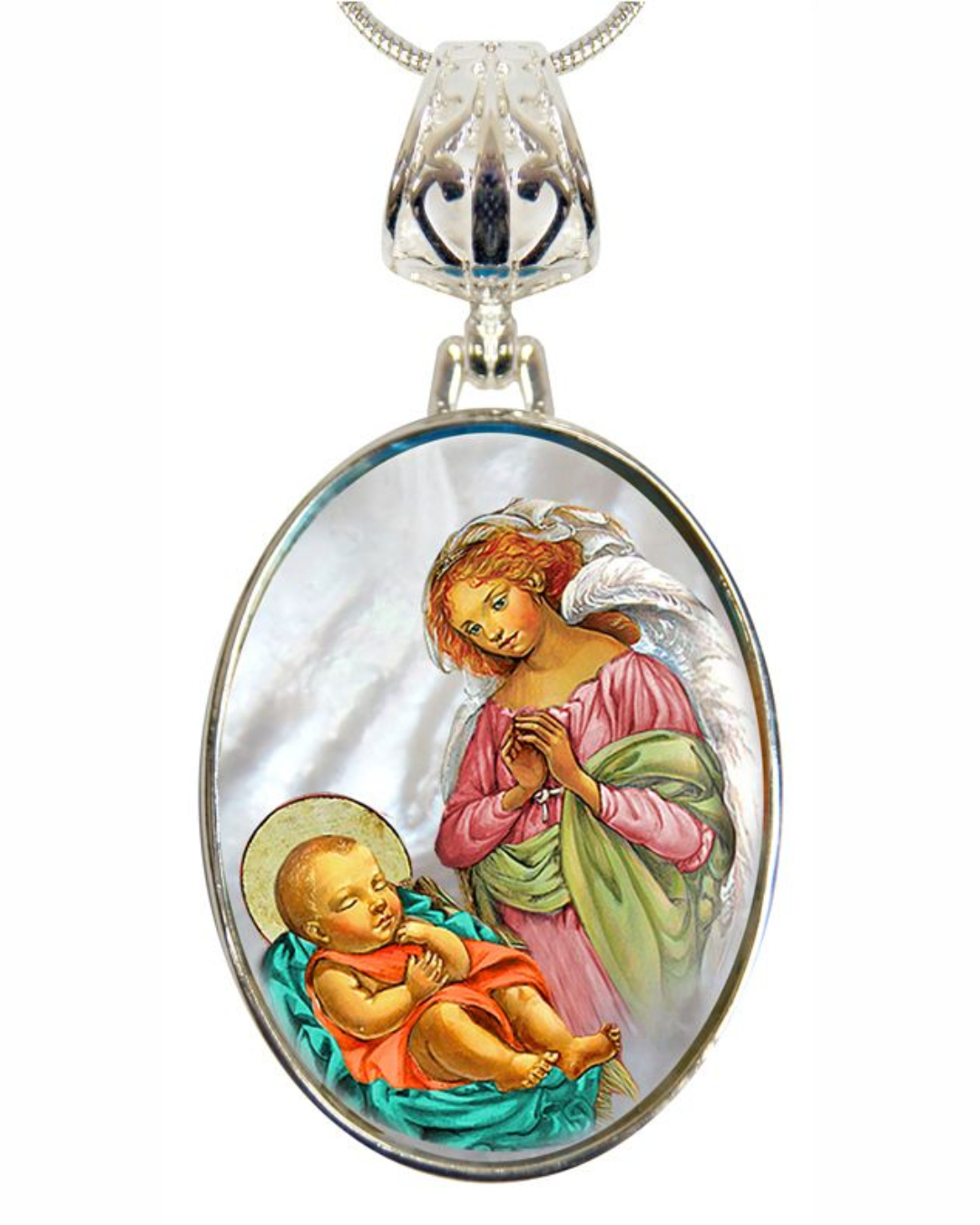 Blessing Angel with Child Silver Plated Mother of Pearl Silver Necklace - 43028