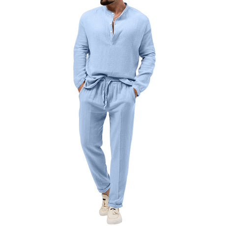Men's Solid Color Casual Long Sleeve Shirt And Trousers Suit - Lootquake
