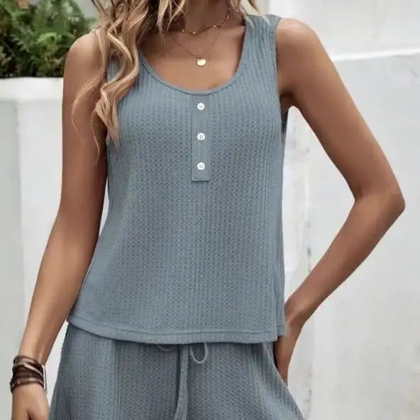 Women's Solid Color Set Knitted With Two-piece Vest Top And Drawstring Shorts Set - Lootquake