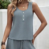 Women's Solid Color Set Knitted With Two-piece Vest Top And Drawstring Shorts Set - Lootquake