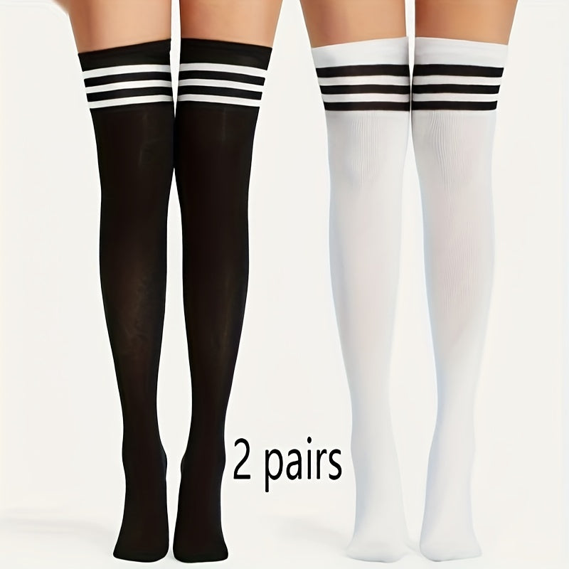 2 pares de medias altas hasta el muslo con rayas retro - Estilo universitario de moda - Calcetines suaves y elásticos por encima de la rodilla para el armario de una mujer