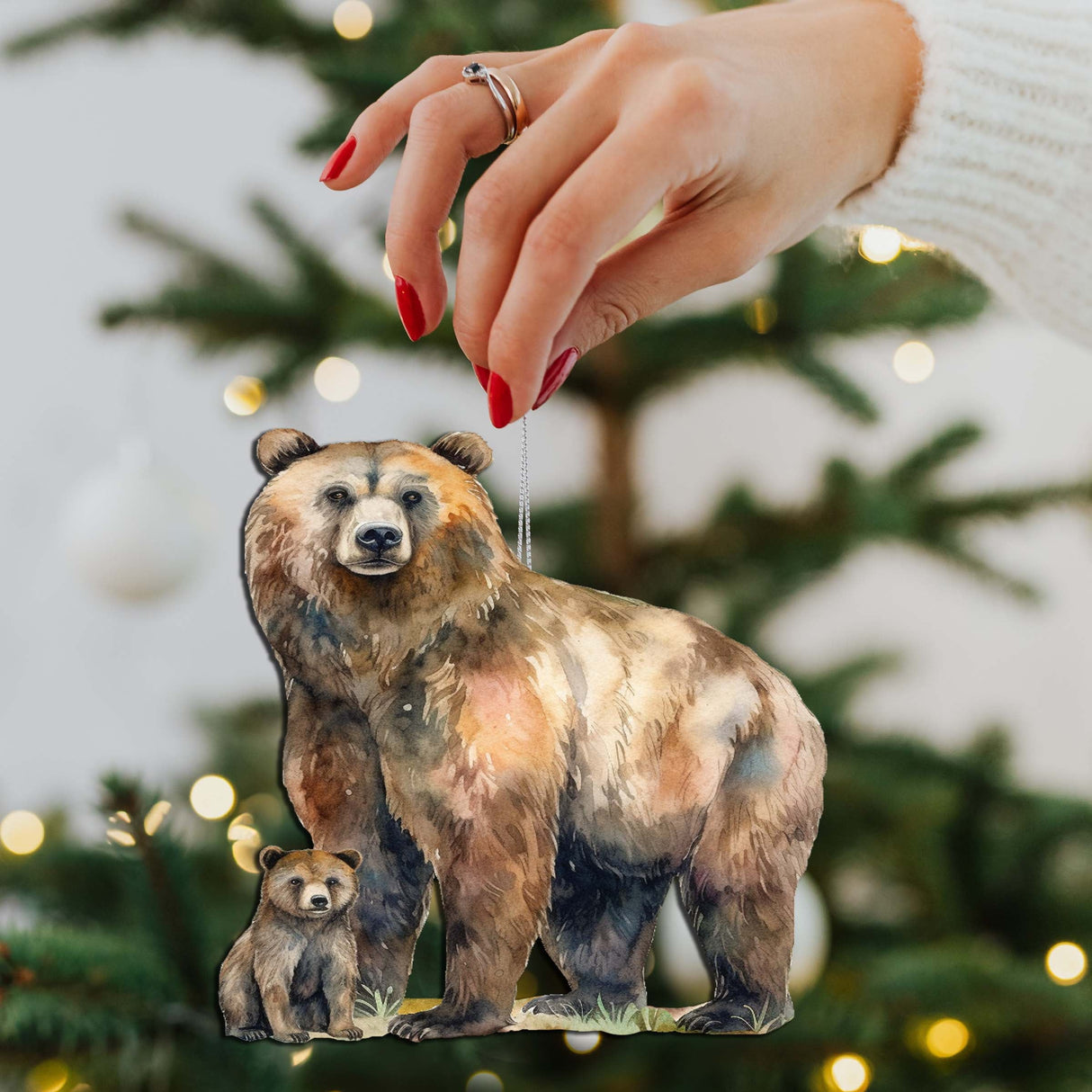 Adornos de madera de oso grizzly con cachorro de G.Debrekht - Decoración navideña con temática de vida silvestre - 8710105-2