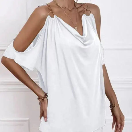 Ladies' Solid Color Cold Shoulder Hanging Neck O-ring Detail T-shirt - Lootquake