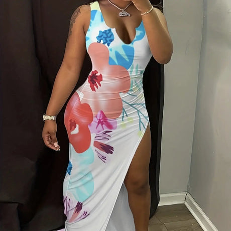 Ladies' V-neck Floral Print Thigh Slit Highlights Figure, Hip Hugging Long Skirt - Lootquake
