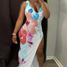 Ladies' V-neck Floral Print Thigh Slit Highlights Figure, Hip Hugging Long Skirt - Lootquake
