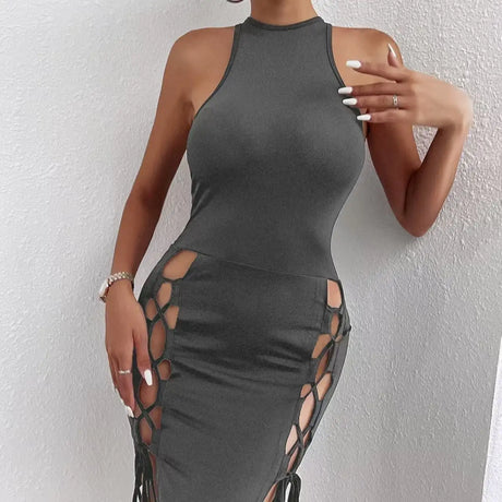 Women's Solid Color Sleeveless Skirt With Slit And Cross Tie, Sexy Tight Fitting Hip Hugging Dress, Short Skirt - Lootquake