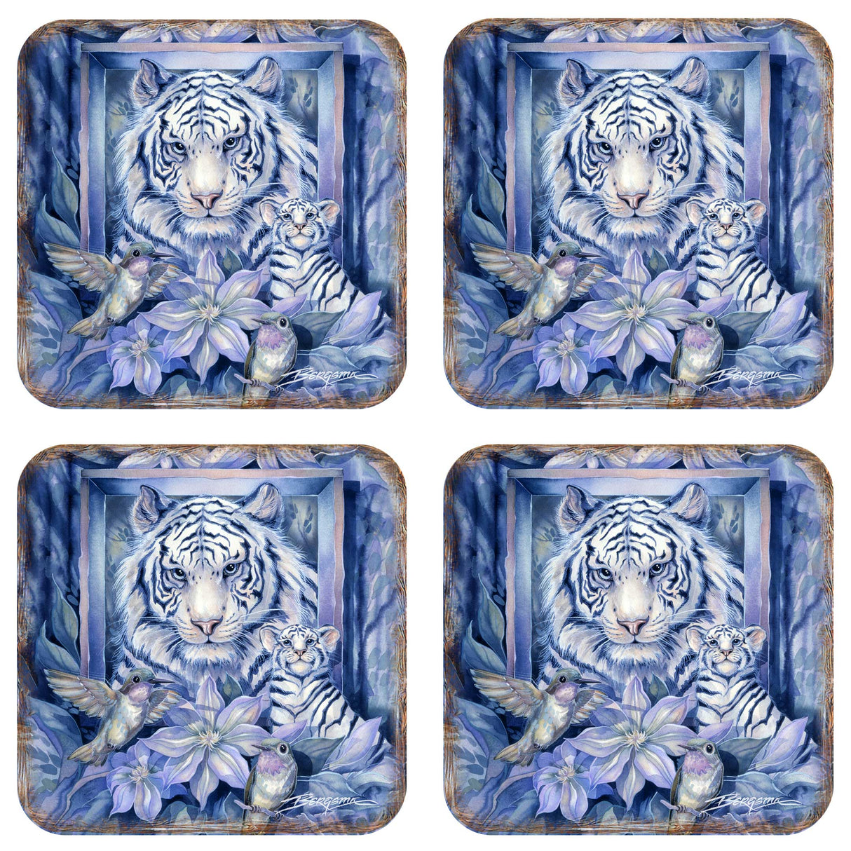 Tiger in the Garden Wooden Cork Coasters Gift Set of 4 by J. Bergsma - Wildlife Decor  - 8199461C-S4