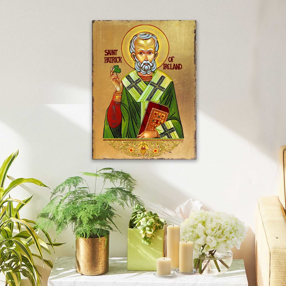Icono religioso cristiano sagrado de San Patricio de madera bañado en oro - Decoración celta - 85060