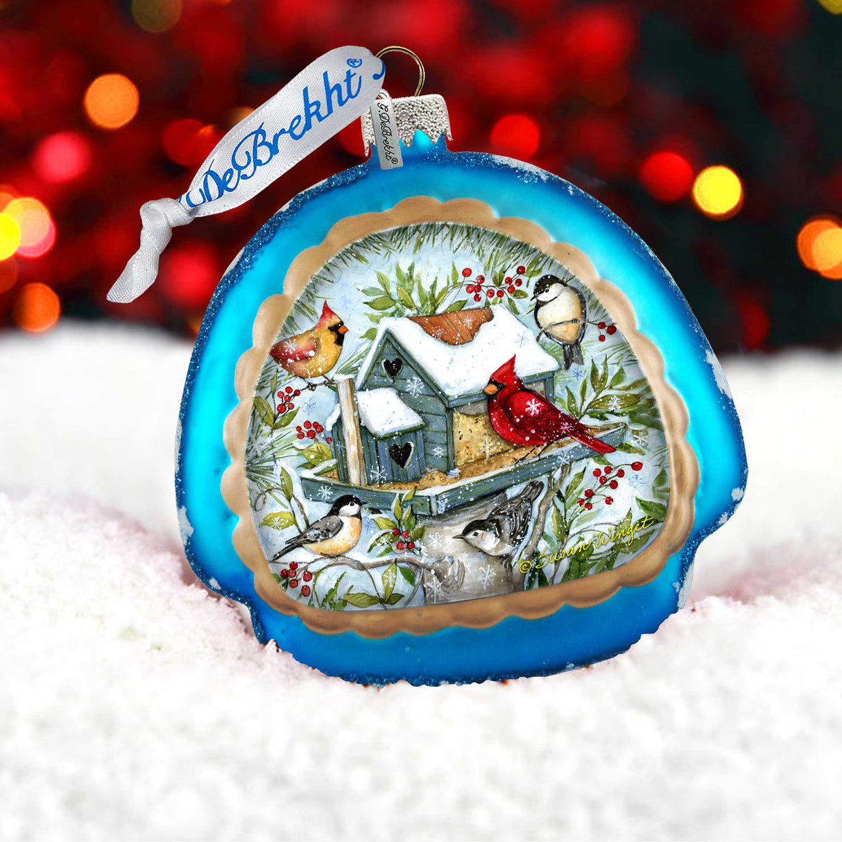 Mercury Glass Birdhouse - Winter Cardinals - Christmas Tree Decor by Susan Winget - Welcome Winter - Handmade Gift - Handblown Glass - 756-115-SW