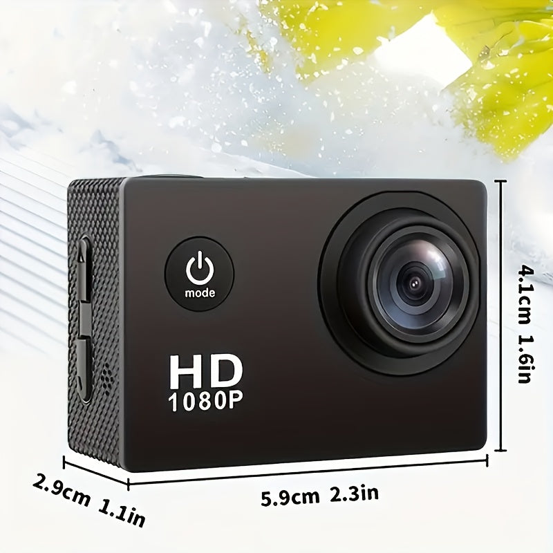 Caméra d'action HD 1080p avec objectif ultra grand angle 140°, exposition automatique, stabilisation numérique, effet fisheye, batterie rechargeable, stockage sur carte SD, format vidéo MP4 pour les prises de vue sportives en extérieur