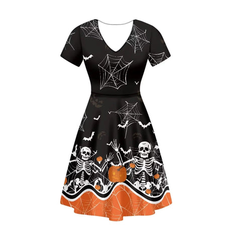 Xpyiqun Halloween Outfits Dresses Women Short Sleeve Tunic Dress Skull Skeleton Knee Length Dresses Flowy Swing Party Dance Dresses Summer Casual Sundress Cover Up Dresses for Ladies L - Lootquake
