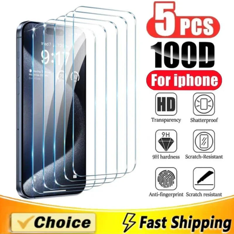 5pcs Tempered Glass Screen Protectors for iPhone 15 Pro Max & 14/13/12/11/16/7/8/X/XR/XS Max/Mini - Ultimate Protection