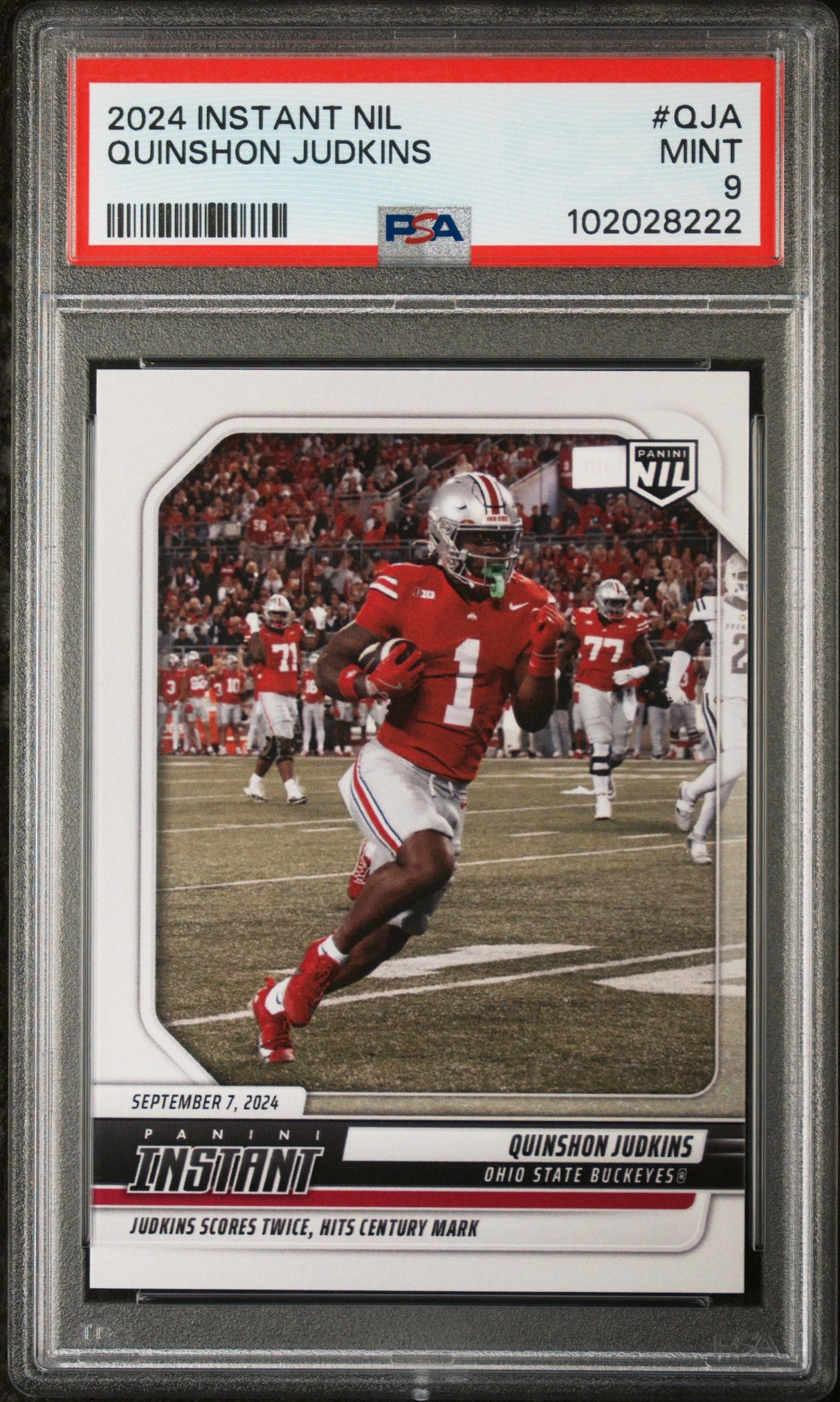 Tarjeta de fútbol RC Quinshon Judkins #QJA Rookie de Panini Instant NIL 2024 PSA 9 Mint