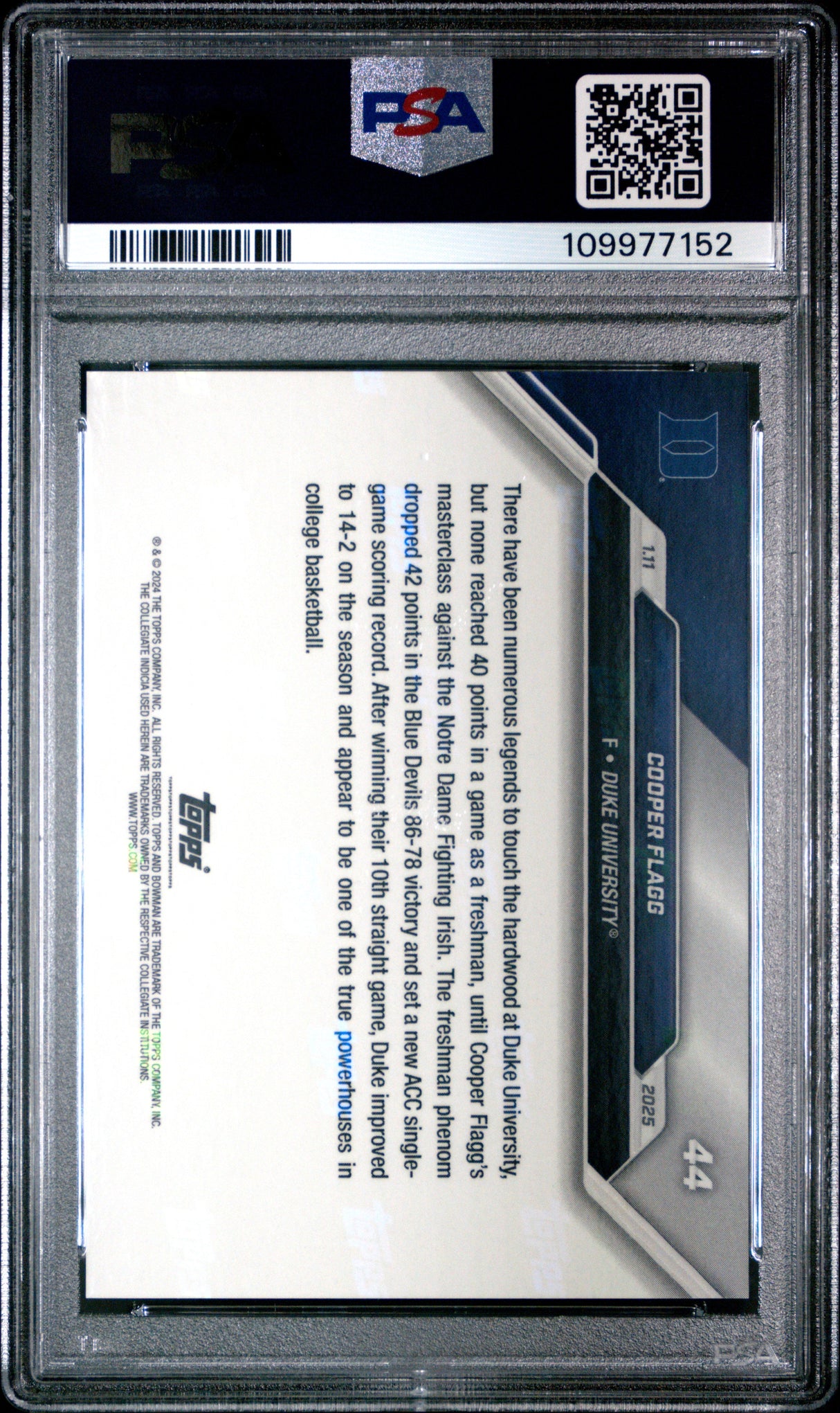 Tarjeta de baloncesto Cooper Flagg #44 Rookie RC, calificada en 2024 por Topps Bowman U. Ahora, PSA 10 Gem Mint.