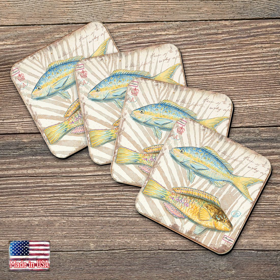 Fish Coastal Wooden Cork Coasters Gift Set of 4 by Nature Wonders - Coastal Sea-Life Decor - 8198625C-S4