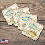 Fish Coastal Wooden Cork Coasters Gift Set of 4 by Nature Wonders - Coastal Sea-Life Decor - 8198625C-S4