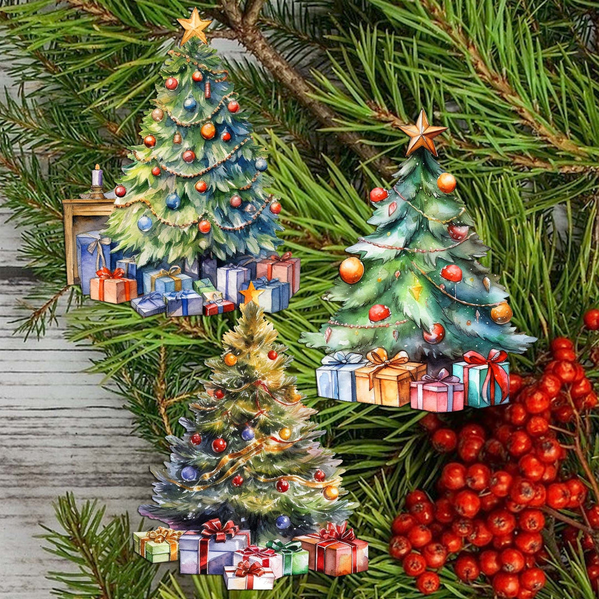 Christmas Tree Decorative Wooden Clip-on Ornaments Set of 3 by G. Debrekht - Christmas Decor - 8091044C-S3