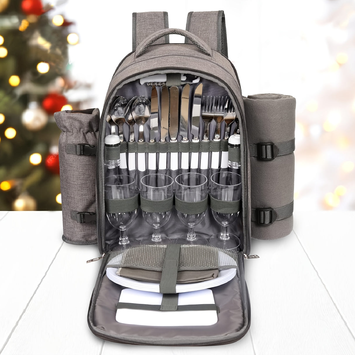 4-Person Picnic Backpack with Cooler Compartment, Detachable Bottle/Wine Holder, Fleece Blanket, Plates & Cutlery Set - Perfect for Outdoor, Sports, Hiking, Camping, BBQs (Coffee), Camping Essentials | Stylish Picnic Bag | St