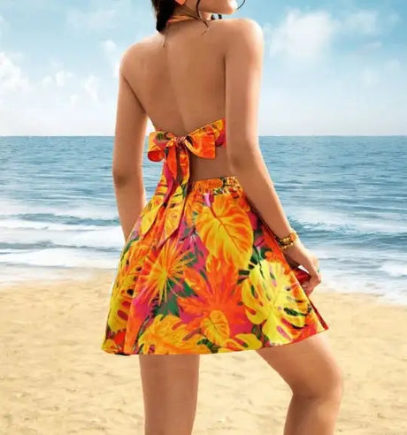 Ladies' Summer Contrasting Tropical Print Hanging Neck With V-neck Hollow Out Pleated Beach Vacation Style Short Dress - Lootquake