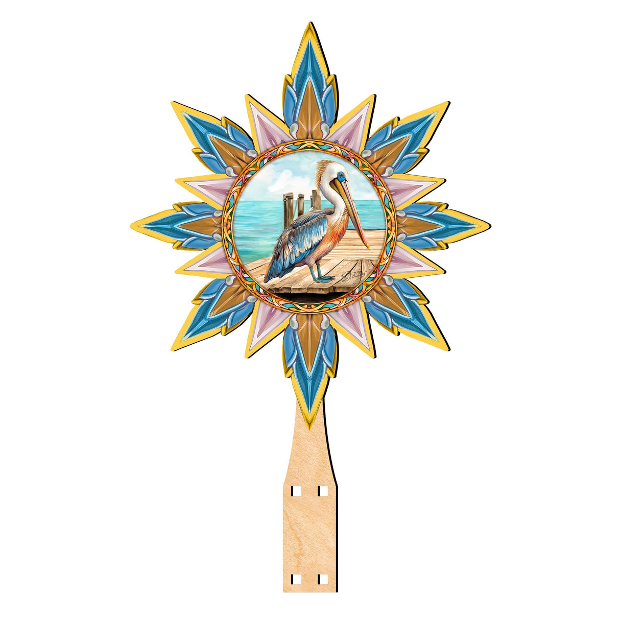 Coastal Pelican Star Tree Topper Wooden Decor by G. Debrekht - Wildlife Holiday Decor - 89514