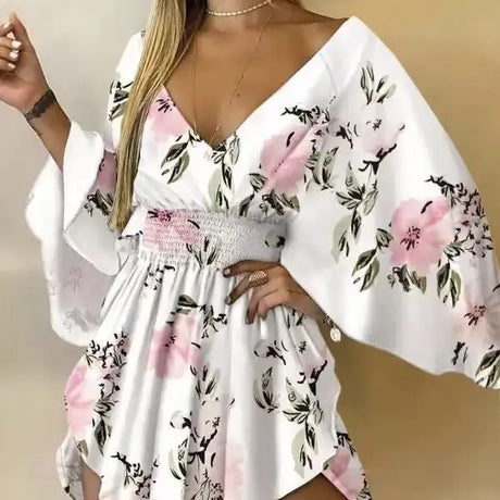 Ladies' Floral Print Waist With Ruffled Edges, Big V-neck, Sexy Asymmetrical Hem, Elegant Seaside Vacation Style Short Dress - Lootquake