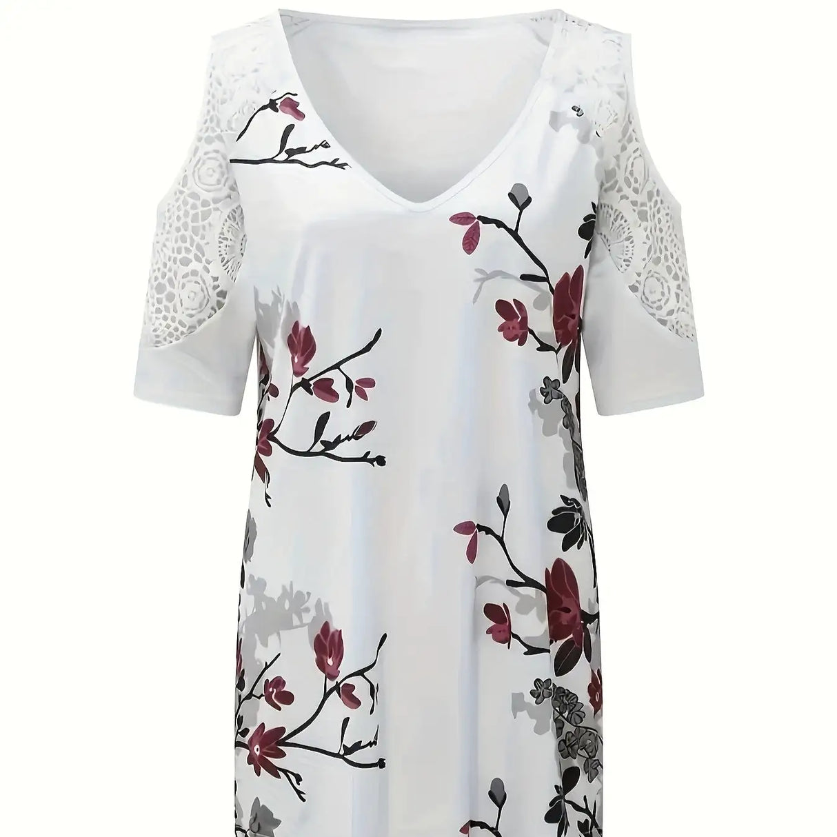 Women's V-neck Floral Print Contrasting Lace Off Shoulder Top - Lootquake