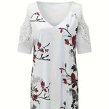 Women's V-neck Floral Print Contrasting Lace Off Shoulder Top - Lootquake