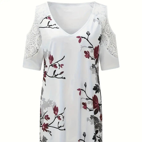 Women's V-neck Floral Print Contrasting Lace Off Shoulder Top - Lootquake