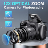 Cámaras para fotografía, cámara digital 4K con zoom óptico de 12x, cámara de vlogueo de 72 MP con pantalla giratoria de 270°, batería, cargador, tarjeta SD de 64 GB, lector de tarjetas