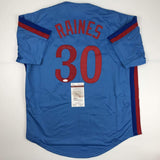 Autographed/Signed Tim Raines Montreal Blue Baseball Jersey JSA COA
