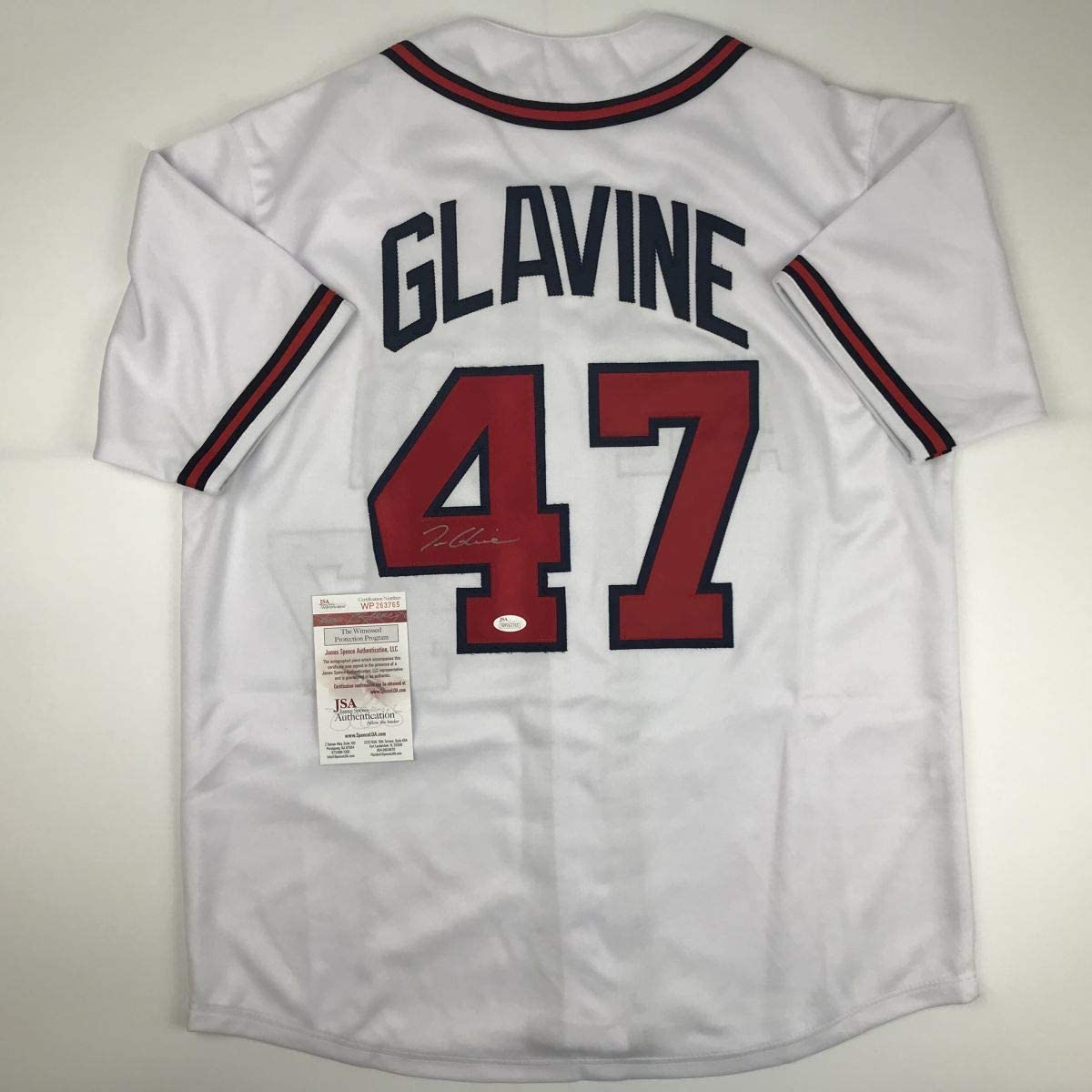 Camiseta de béisbol blanca de Atlanta con autografiado/firmado de Tom Glavine JSA COA