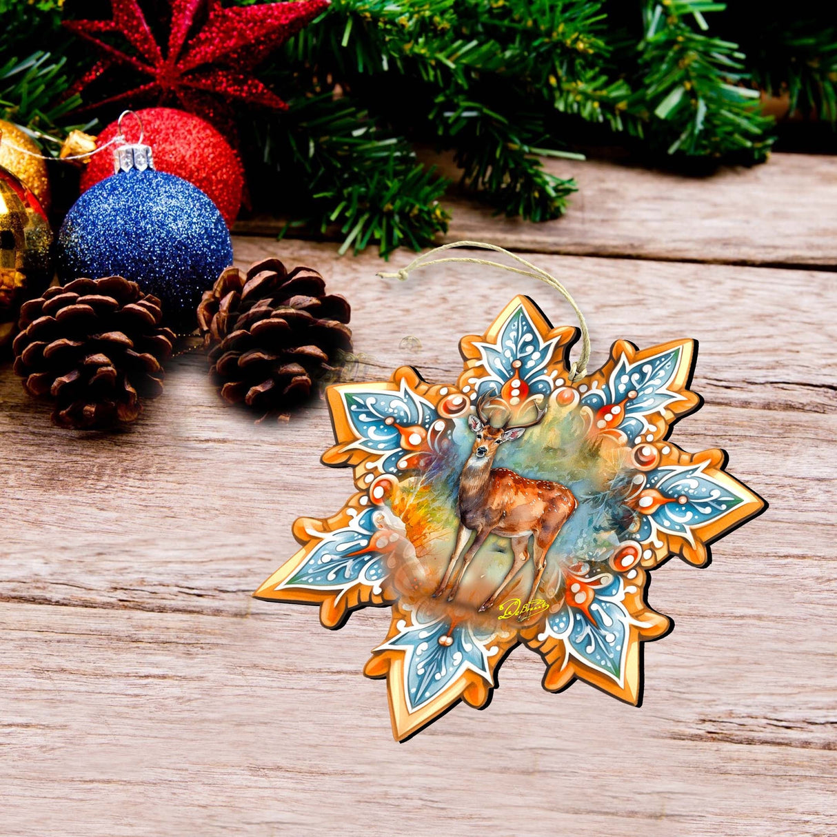 Forest Animals Snowflake Wooden Ornaments Set of 3 by G. Debrekht - Nature Wildlife Decor - 8090145-S3