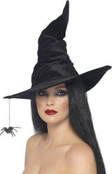 Black Velour Witch Hat with Attached Spider