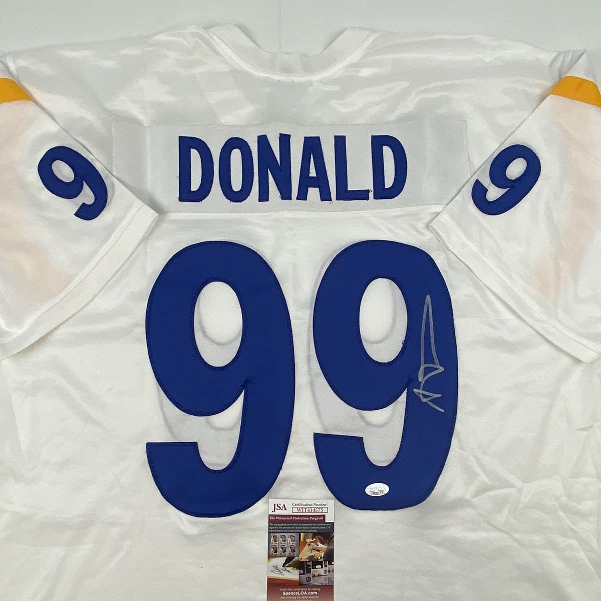 Camiseta de fútbol blanca autografiada/firmada de Aaron Donald Los Ángeles LA JSA COA