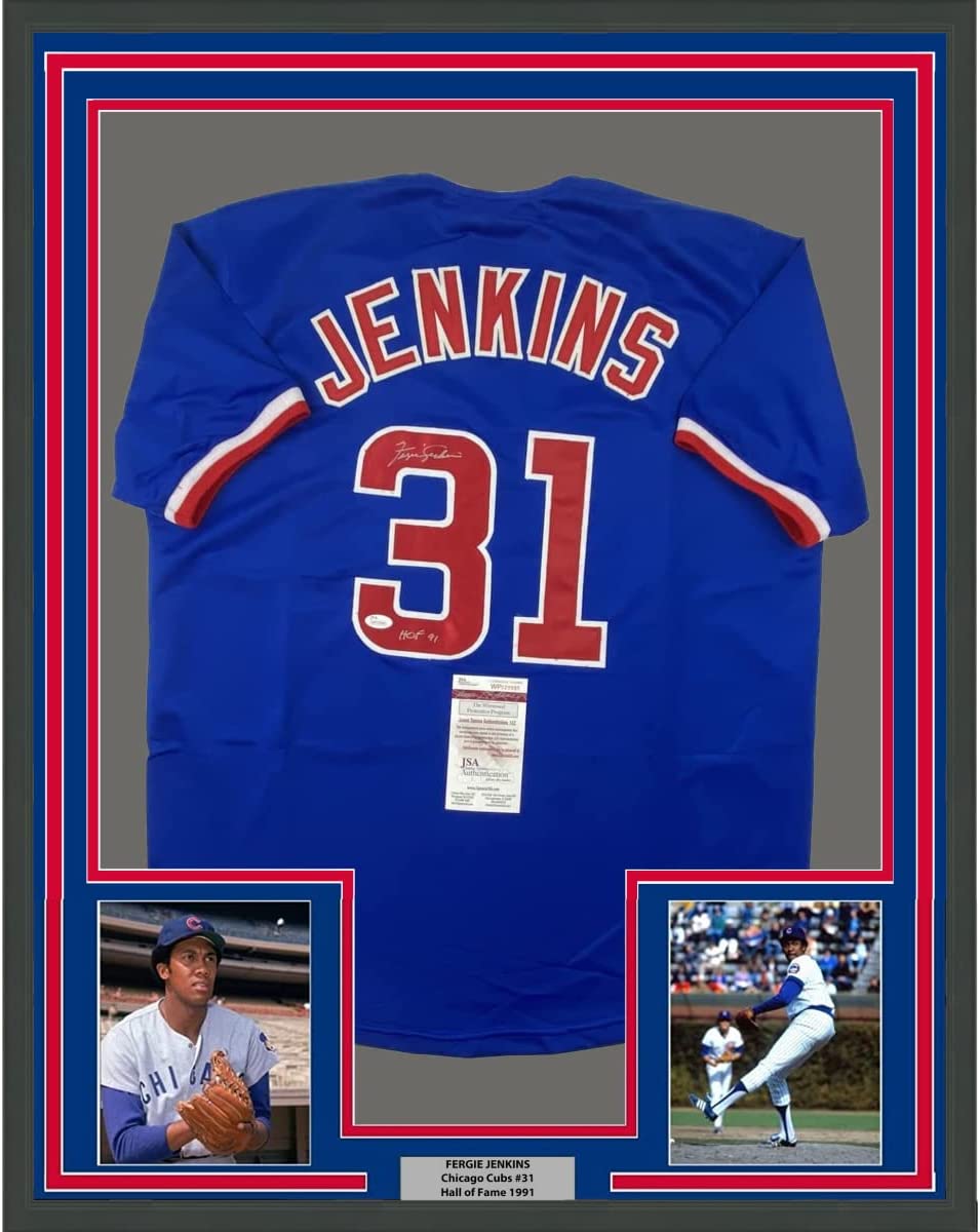 Camiseta de béisbol azul de Chicago, enmarcada, autografiada y firmada por Ferguson Fergie Jenkins, 35 x 39, HOF 91, JSA COA