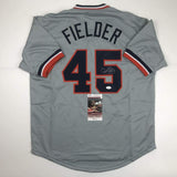 Camiseta de béisbol gris de Detroit autografiada/firmada por Cecil Fielder (JSA COA)