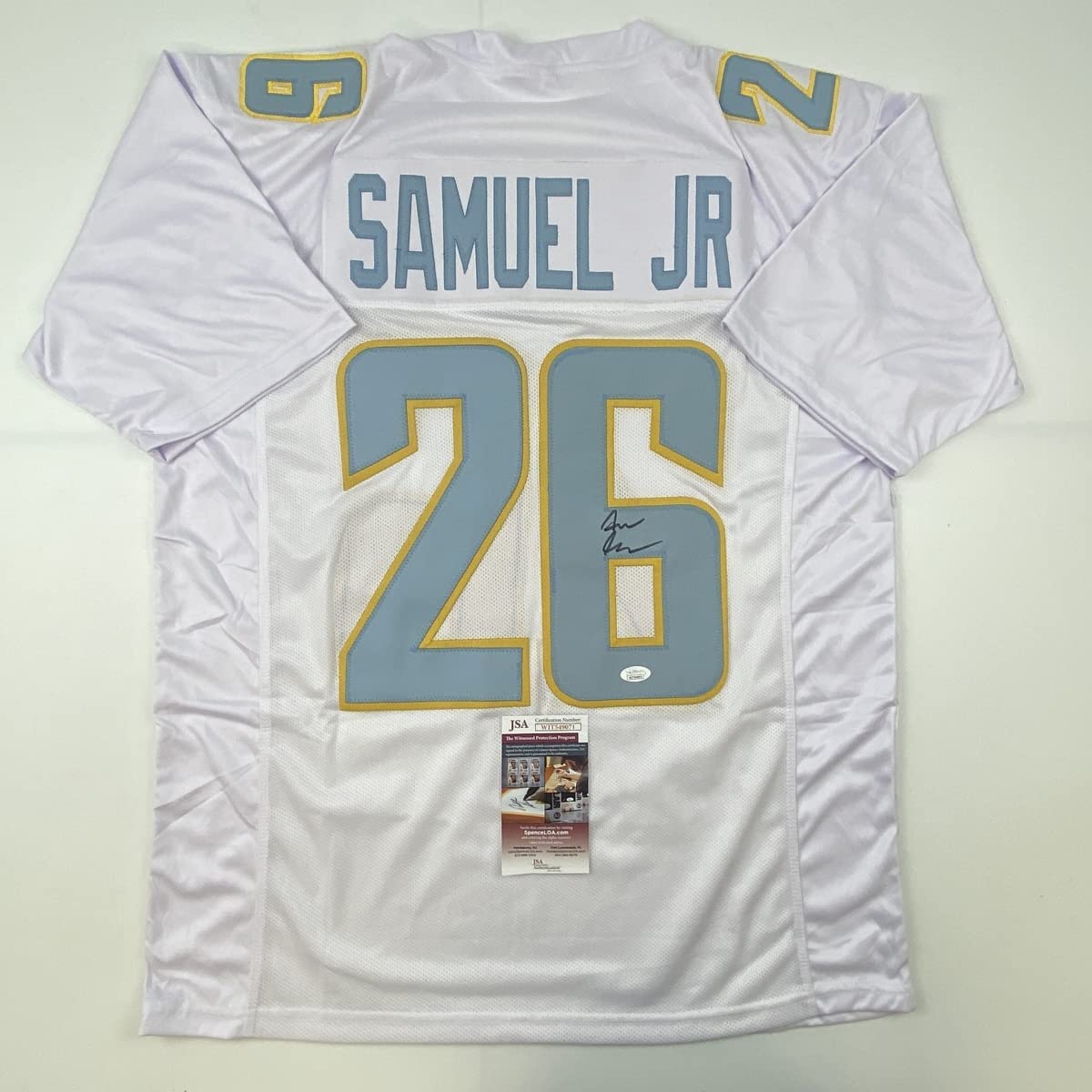 Autographed/Signed Asante Samuel Jr. Los Angeles LA White Football Jersey JSA COA