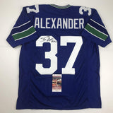 Autographed/Signed Shaun Alexander Seattle Blue Football Jersey JSA COA