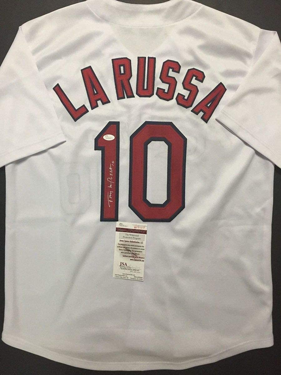 Camiseta de béisbol blanca de San Luis autografiada/firmada por Tony La Russa (JSA COA)
