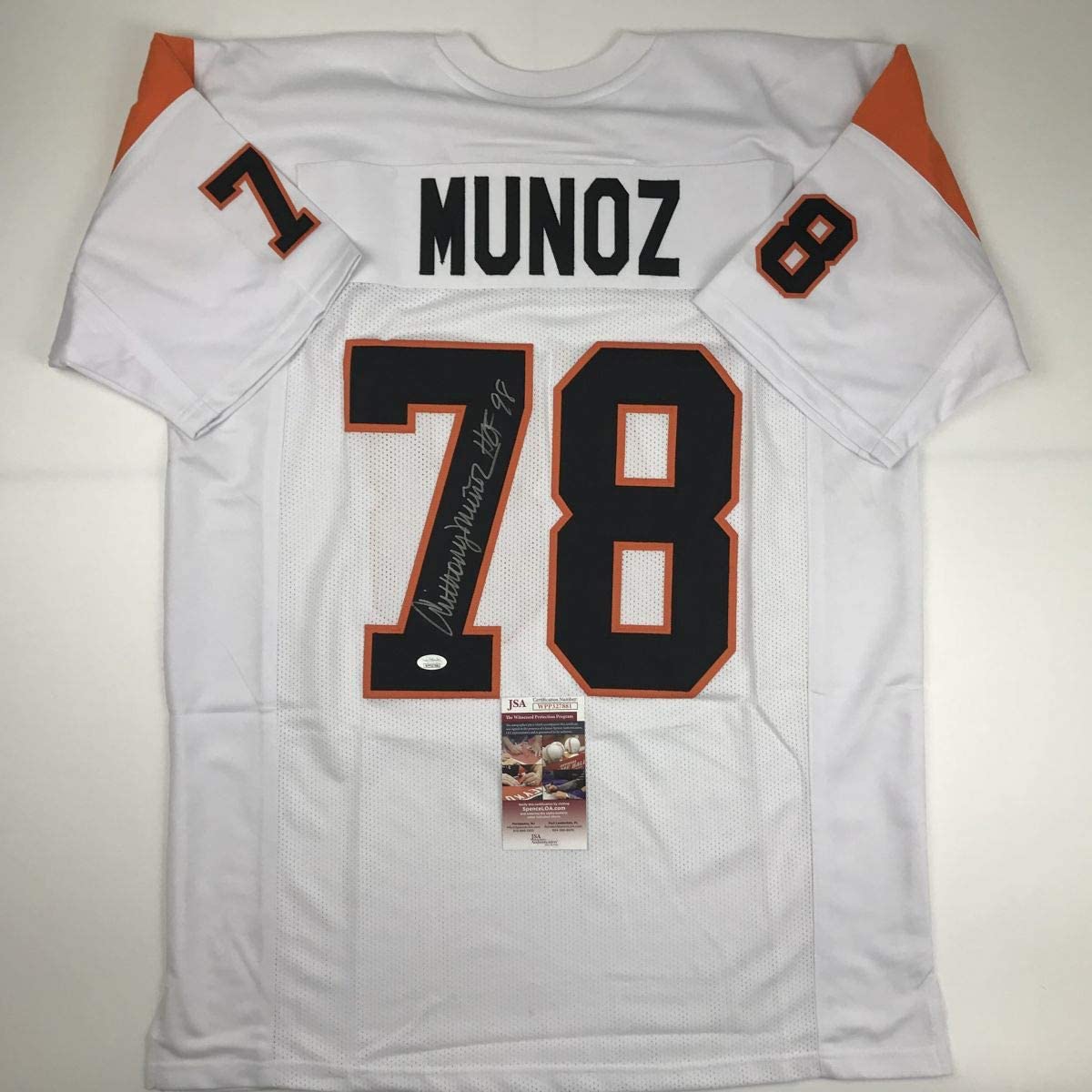 Autographed/Signed Anthony Munoz HOF 98 Cincinnati White Football Jersey JSA COA