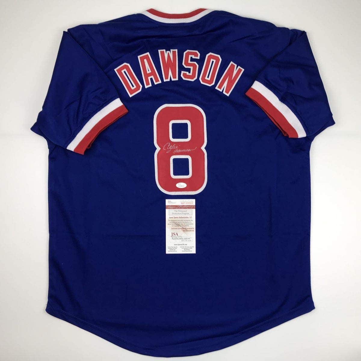 Autographed/Signed Andre Dawson Chicago Blue Baseball Jersey JSA COA