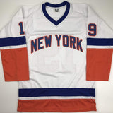 Autographed/Signed Bryan Trottier HOF 97 New York White Hockey Jersey JSA COA
