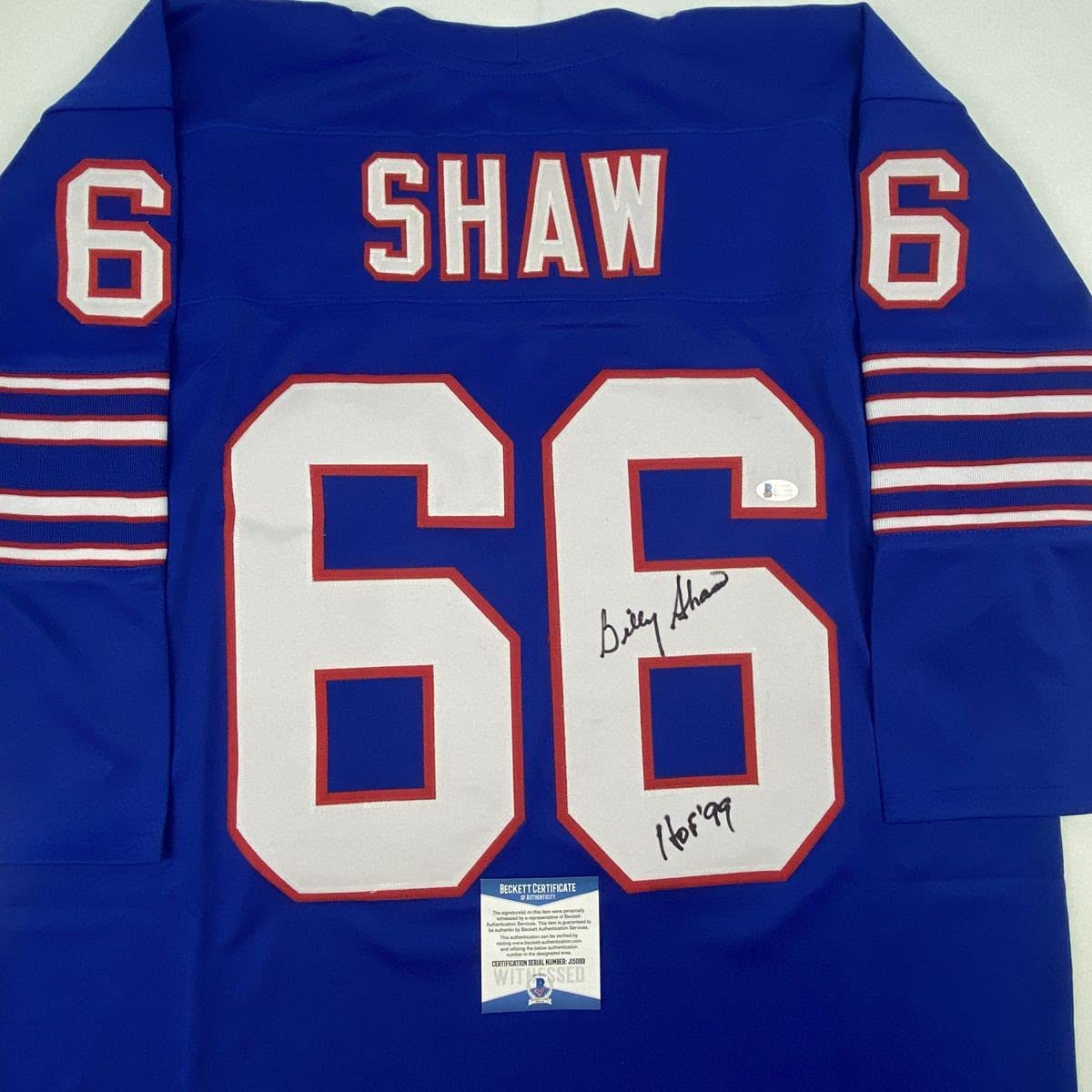 Camiseta de fútbol americano azul búfalo autografiada/firmada de Billy Shaw HOF 99 Beckett BAS COA