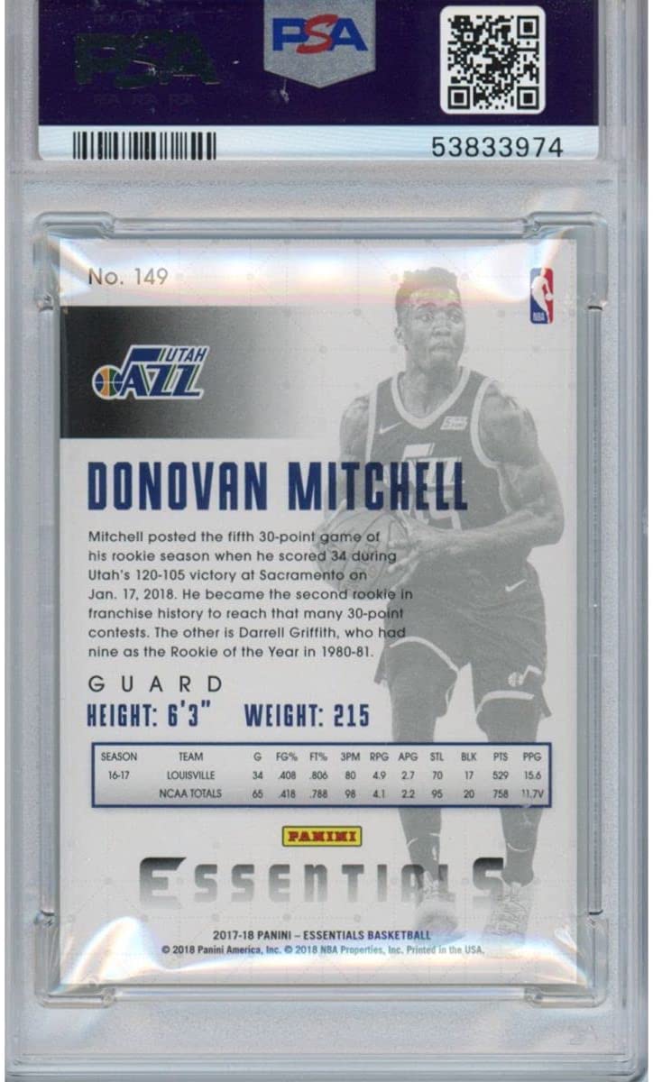 Tarjeta de baloncesto Panini Essentials Donovan Mitchell n.° 149 Rookie RC, clasificada 2017-18, PSA 10 Gem Mint