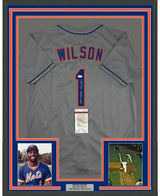Framed Autographed/Signed Mookie Wilson 35x39 New York Grey Baseball Jersey JSA COA
