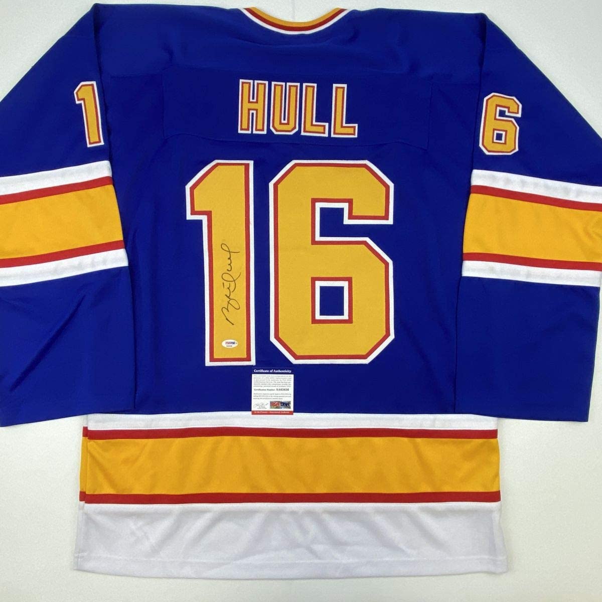 Camiseta de hockey retro azul de St. Louis, autografiada y firmada por Brett Hull, PSA/Certificado de ADN
