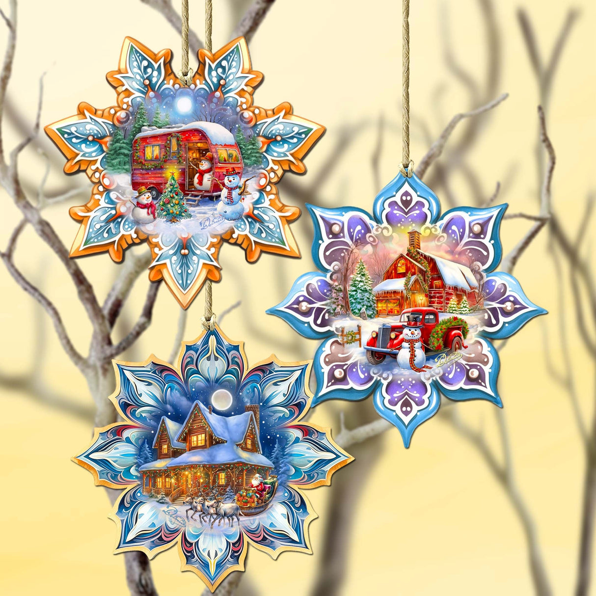 Waiting for Christmas Snowflake Wooden Ornaments Set of 3 by G. Debrekht - Christmas Decor - 8090150-S3