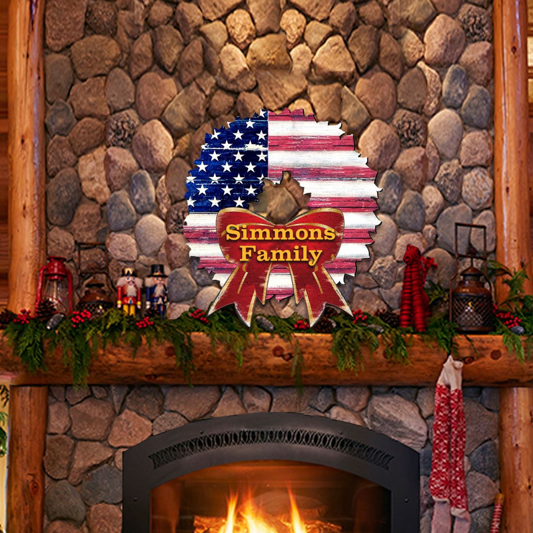 USA Flag Wreath Family Name Personalazed Holiday Door Decor by G. DeBrekht - American Christmas Decor - 8185302HP